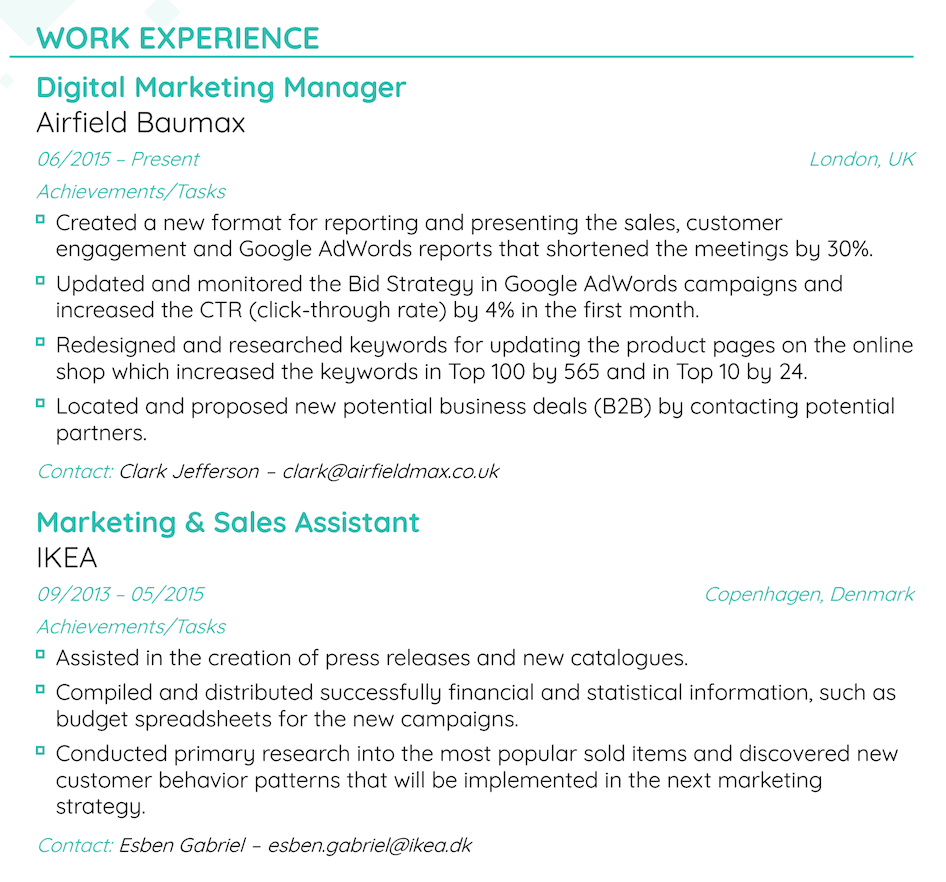 Work experience on a resume, example 1